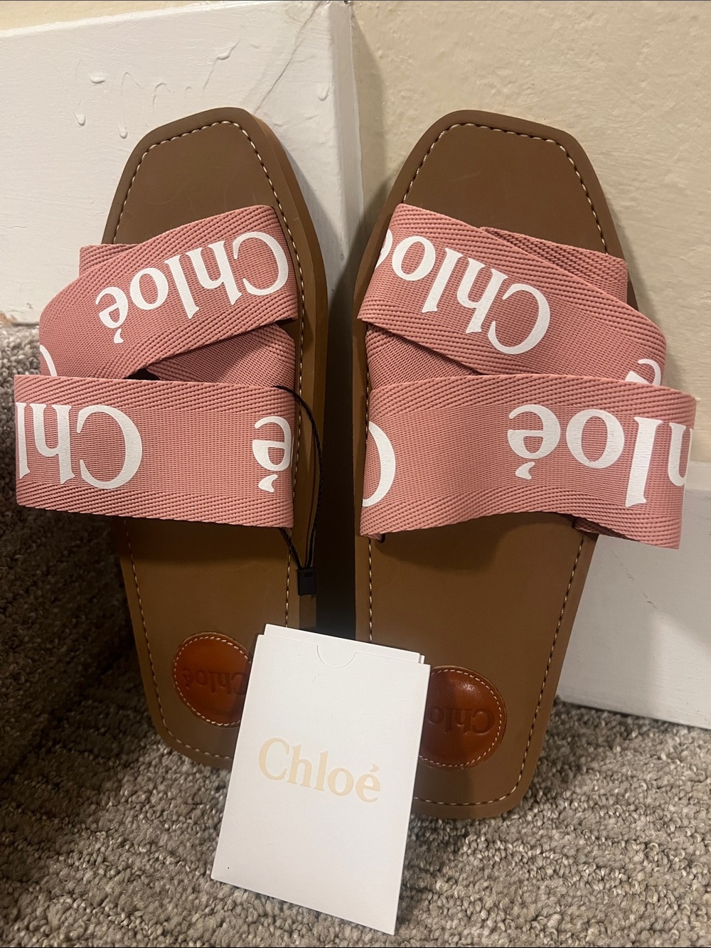 Chloé Pink Logo Crossband Leather Slide Sandals